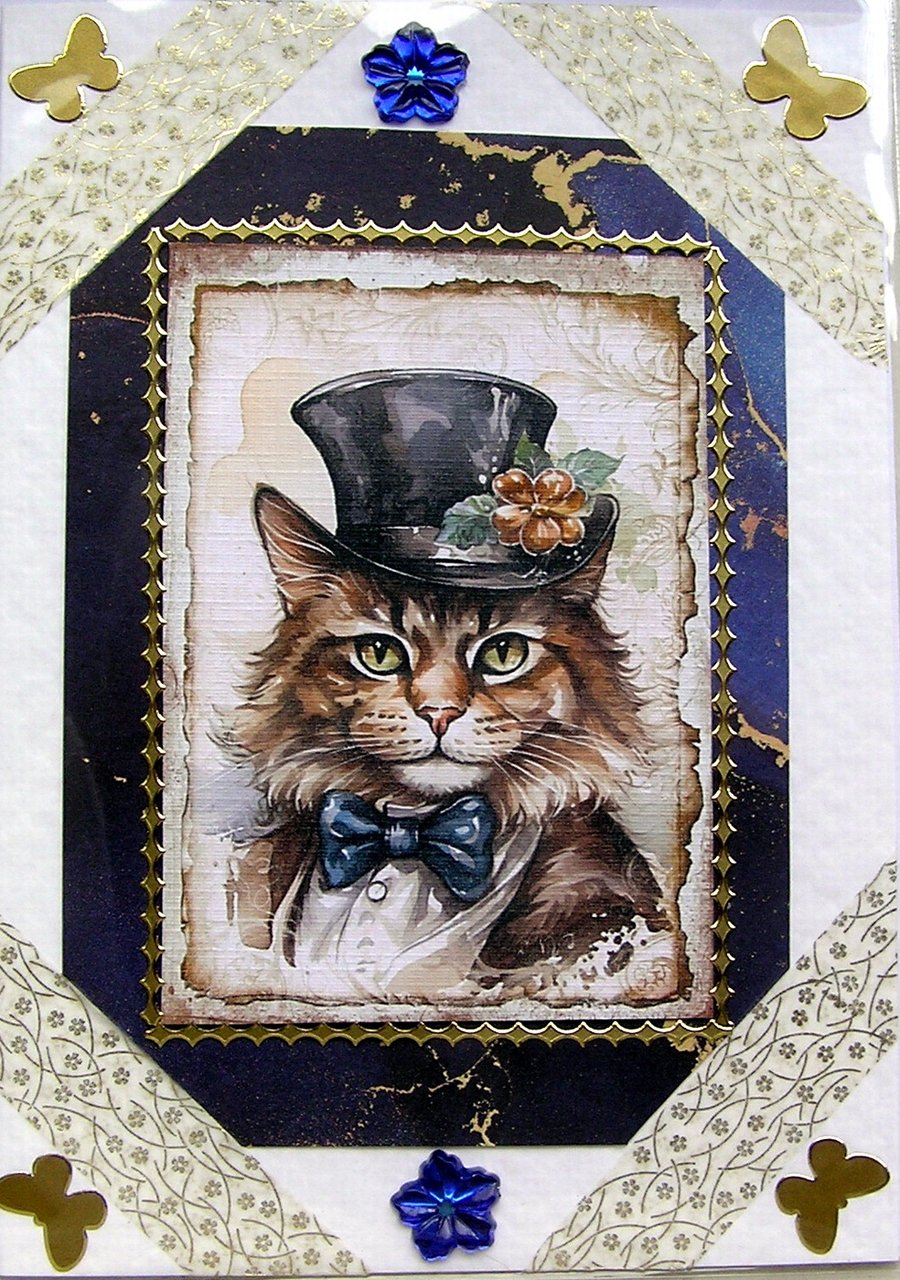 Cat Hand Crafted Decoupage Card - Blank for any Occasion (2669)