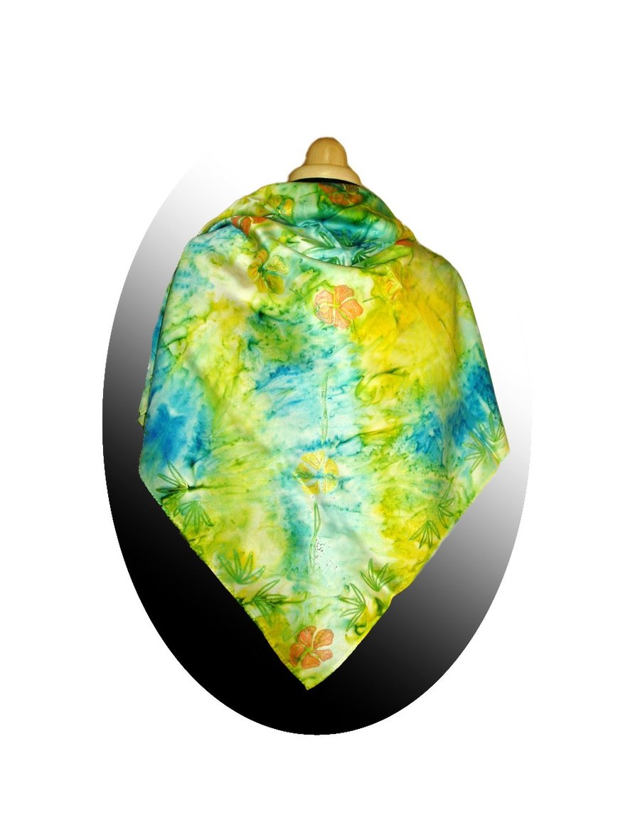 Handmade square multicoloured floral handpainted silk scarf