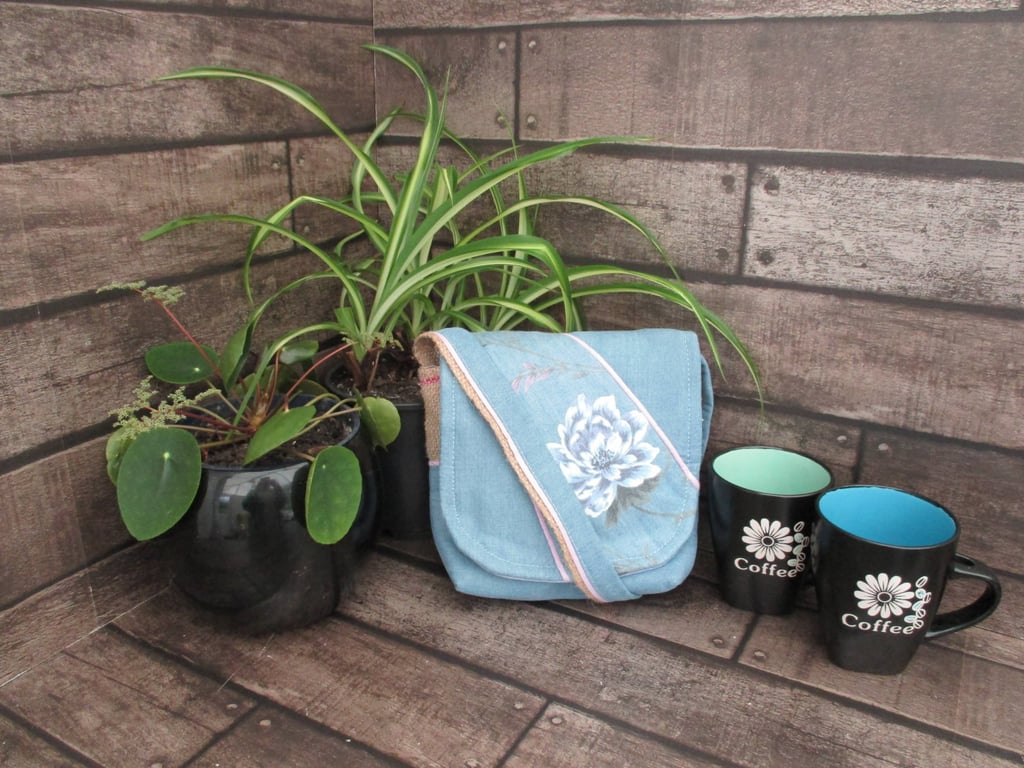 Upcycled Coffee Sack-Mini Shoulder Bag-Blue floral design