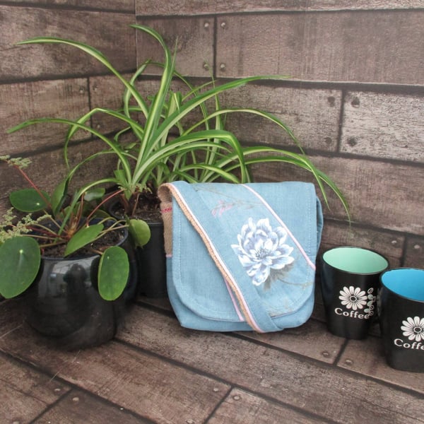 Upcycled Coffee Sack-Mini Shoulder Bag-Blue floral design