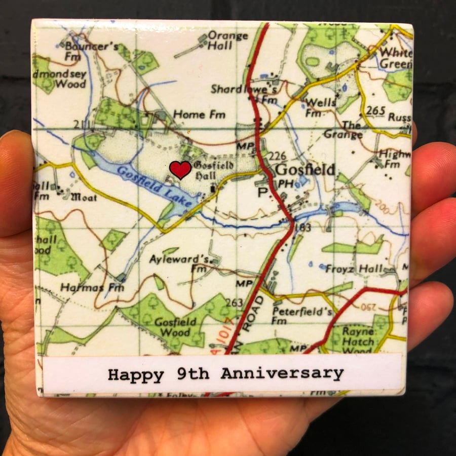9th Wedding ANNIVERSARY Personalised Map Coaster Gift, VINTAGE map design 