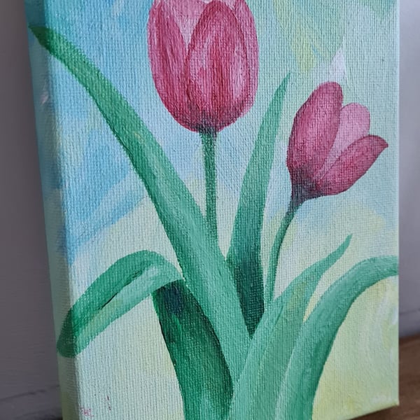 Original art tulip painting, 5x7 acrylic on canvas