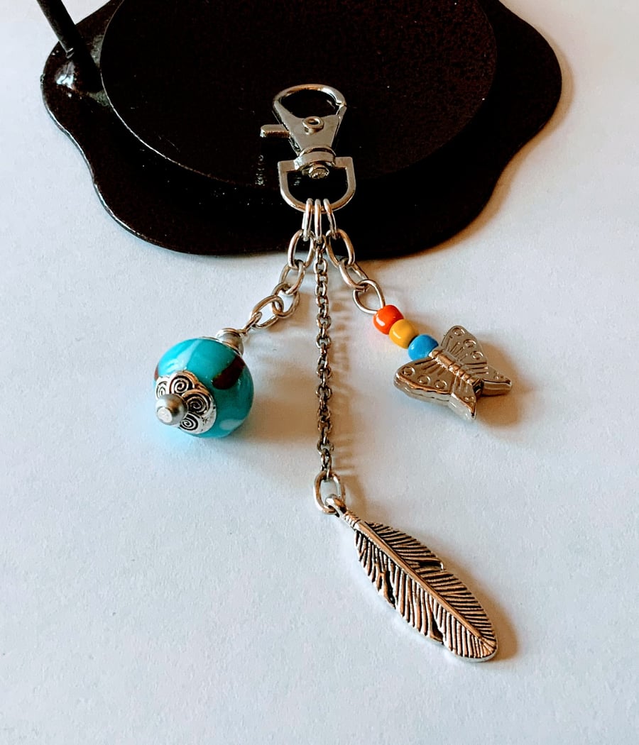 Lampwork Bead, Leaf & Butterfly Bag Charm