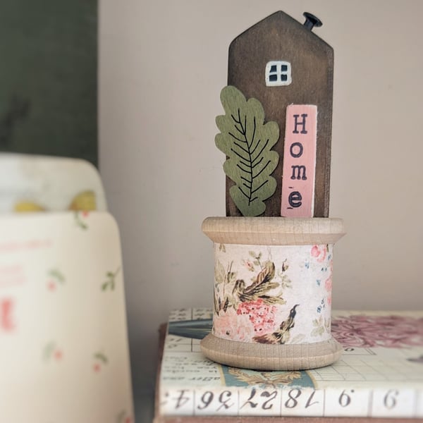 Little Wooden House on a Vintage Bobbin 'Home' 
