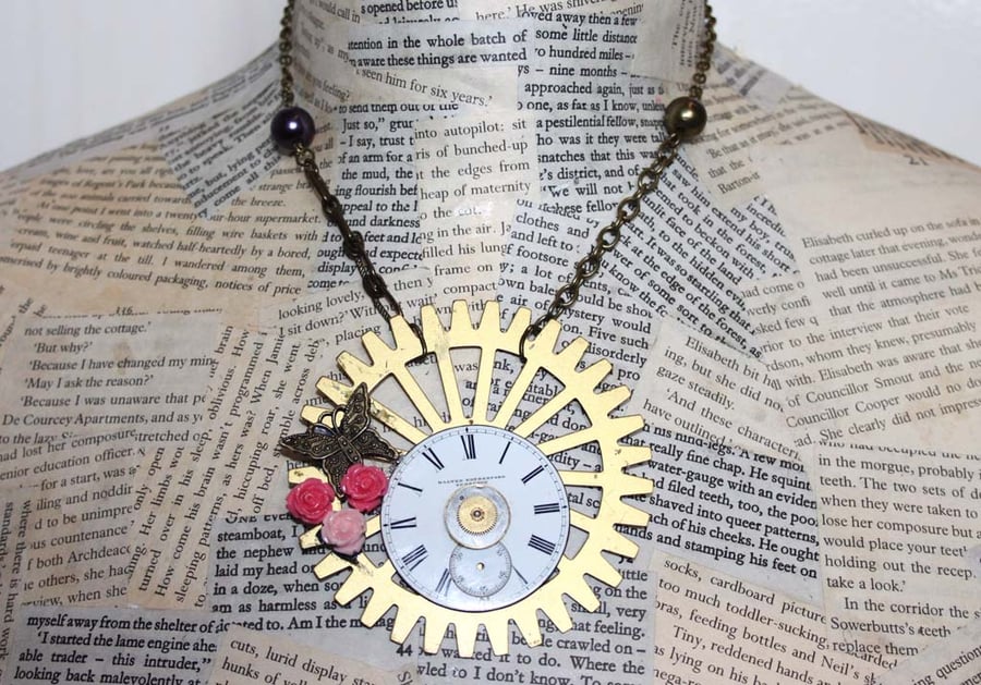 Vintage Steampunk Cog Butterfly Rose Charm Statement Gold Necklace