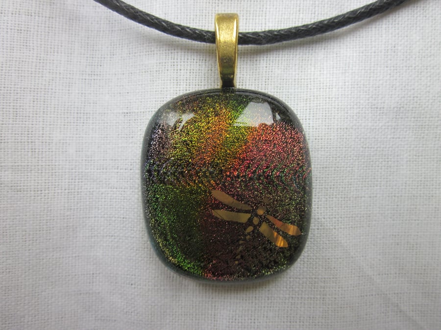 Handmade dichroic glass cabochon pendant - Autumn with gold Dragonfly