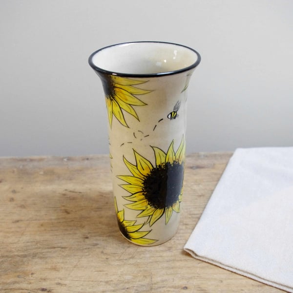 Tall Cylinder Vase - Sunflowers and Bees 