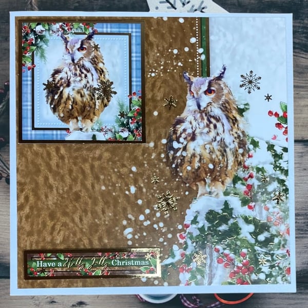 Christmas Card. Luxury Long Eared Owl Christmas Card. Festive Forest. 