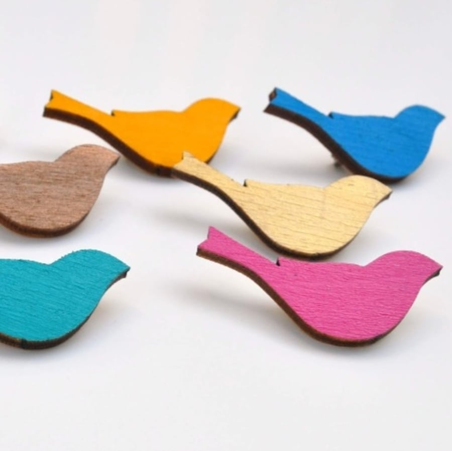 Painted Wooden Bird Brooch, various colours