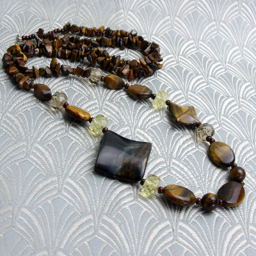 Long Tigers Eye Necklace, Long Brown Handmade Necklace, Brown Necklace CC84