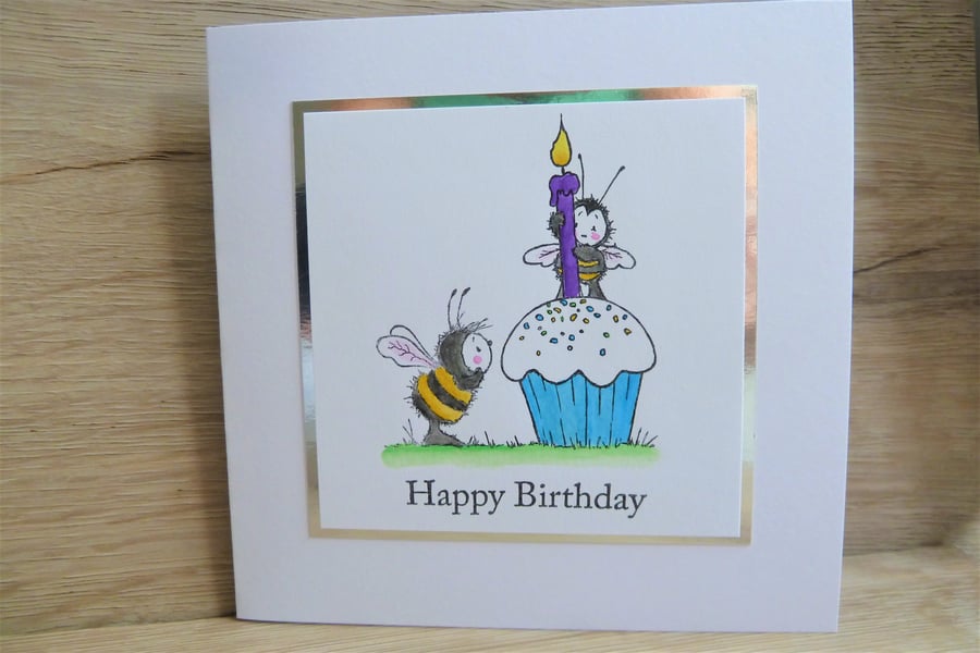happy birthday card, bee with blue cupcake
