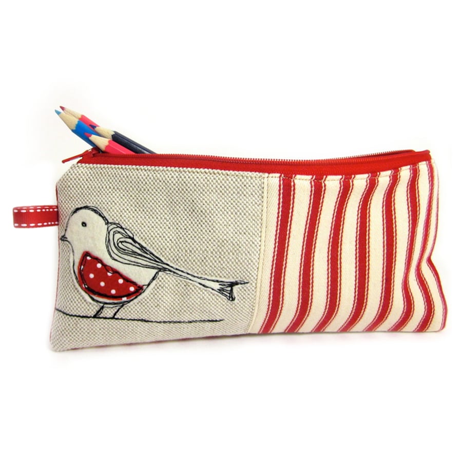 Pencil Case Cream Felt Bird & Red Polka Dots