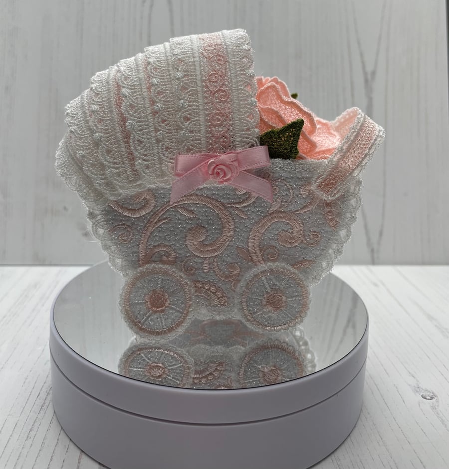 New baby gift, lace pram  in white and pink PB14