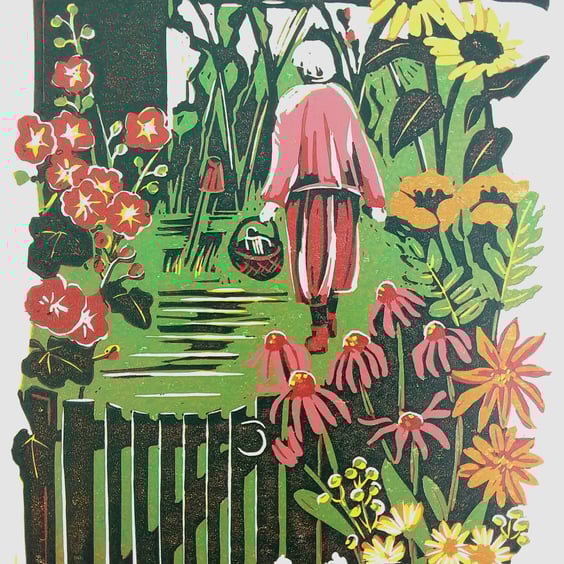 She's in the garden' - linoprint
