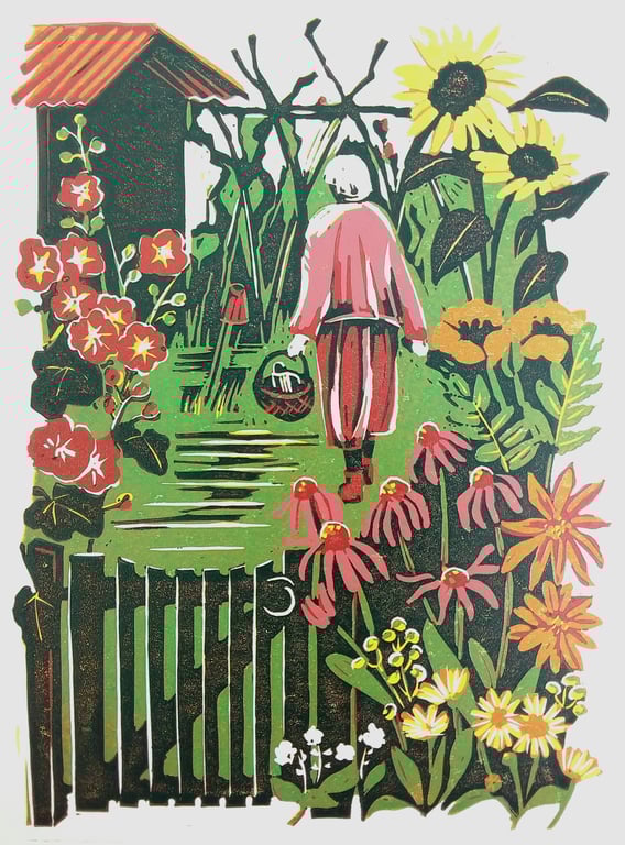 She's in the garden' - linoprint