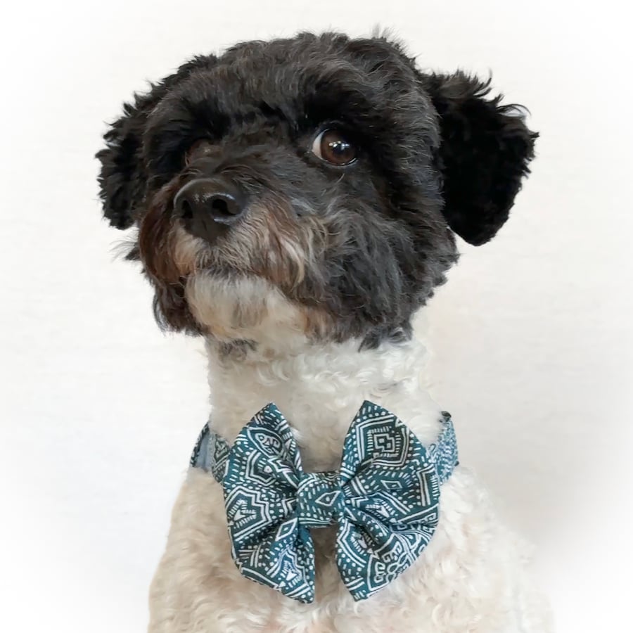 Dog Accessory Set: Teal Print Over-the-Collar Dog Bow and Bandana Set
