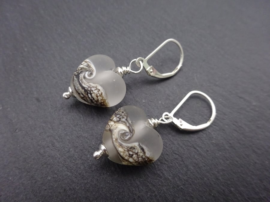 lampwork glass frosted heart earrings