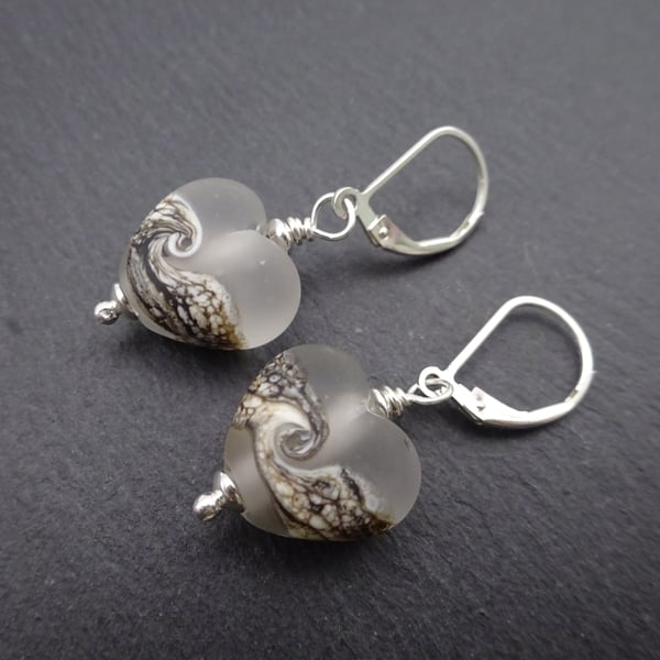 lampwork glass frosted heart earrings