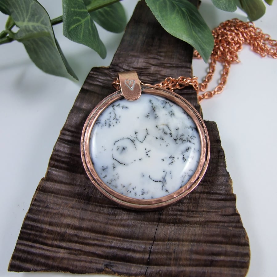 Dendritic Opal and Copper Long Pendant. Large Opal Necklace