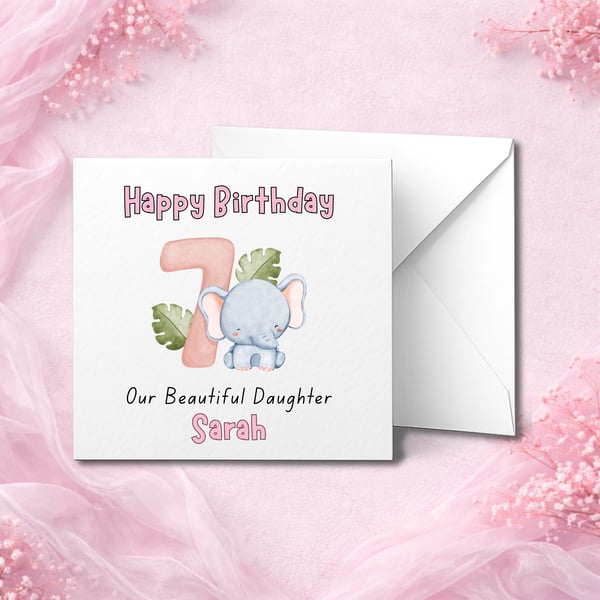 Personalised 7th Birthday Card with Cute Elephant and Name, Custom Age Children