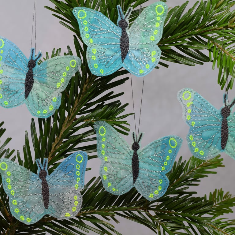 Embroidered Turquoise Butterfly decorations Teal and Lime Green Tree Ornaments