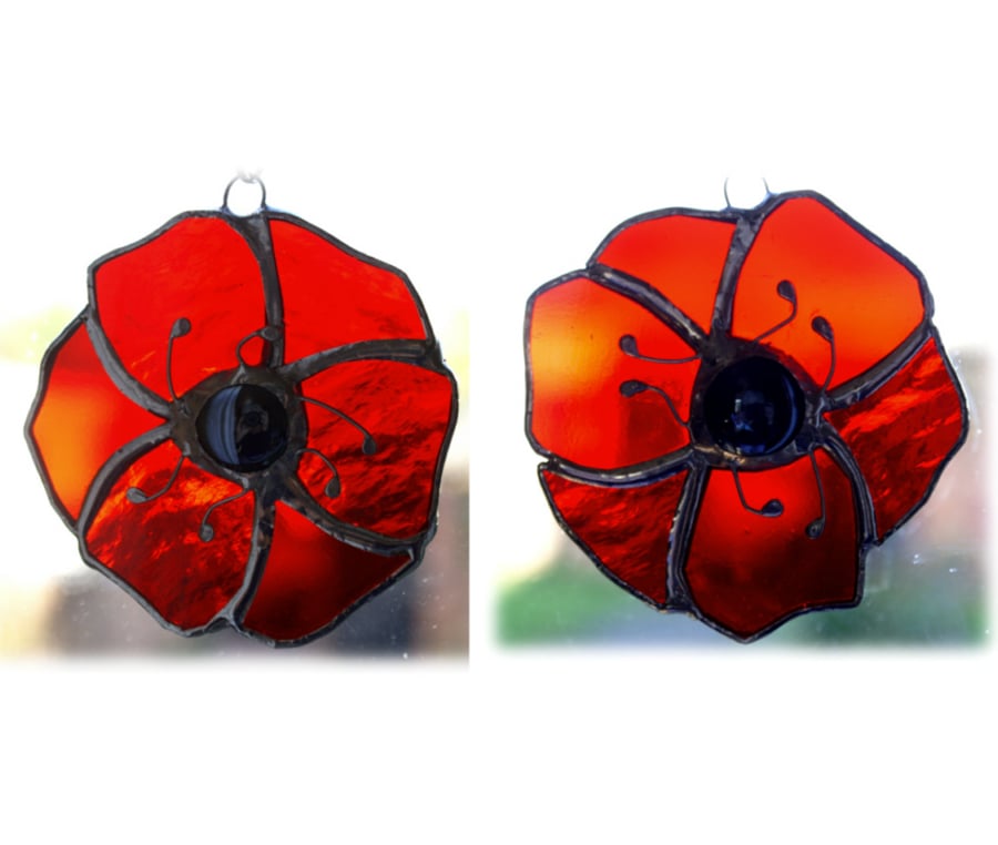 Poppy Suncatcher Stained Glass Small Handmade Red Flower 003 004