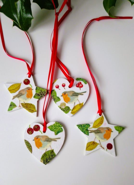 Robin Decoupage Christmas Tree Decorations Set of 4