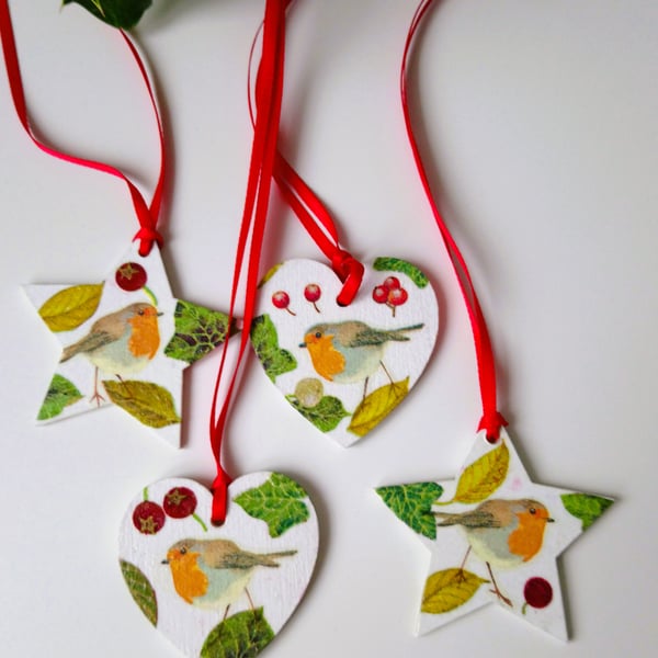 Robin Decoupage Christmas Tree Decorations Set of 4