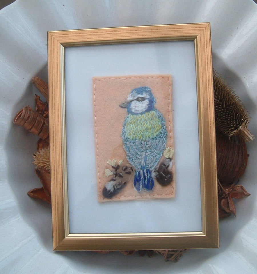 Blue Tit on Branch, Embroidered Yarn and Felt Picture 