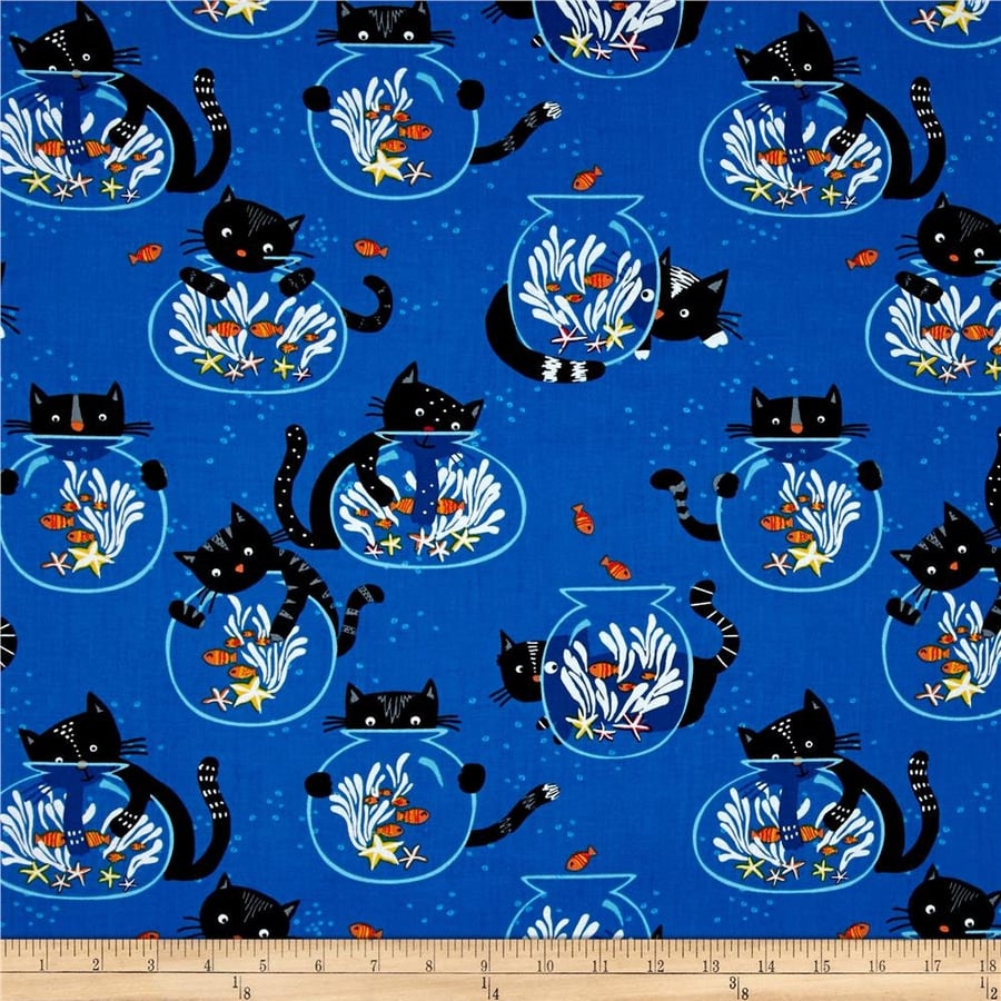 Fat Quarter Black Cat And Fish Bowl On Blue 100% Cotton Fabric