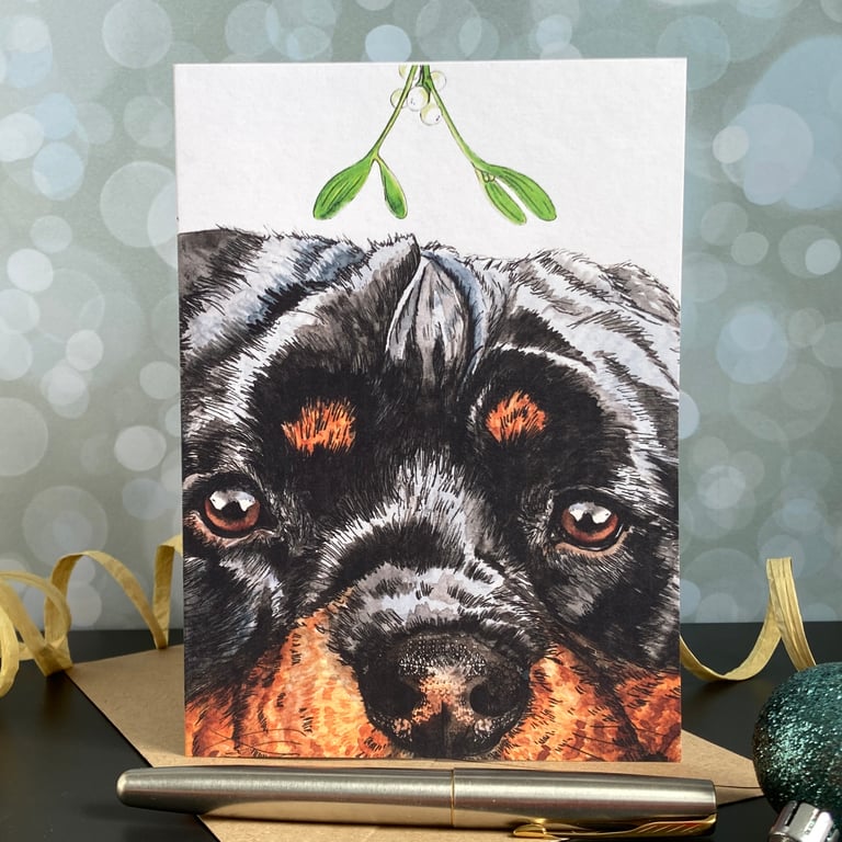 Rottweiler Christmas Card. Rotti dog handmade Christmas card.