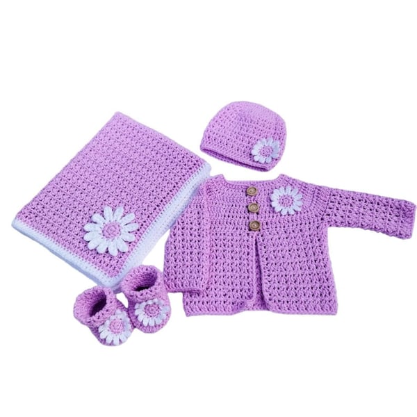 Crochet Baby Clothing Set in Lilac Daisy, Blanket, Cardigan, Hat, Booties