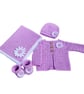 Crochet Baby Clothing Set in Lilac Daisy, Blanket, Cardigan, Hat, Booties