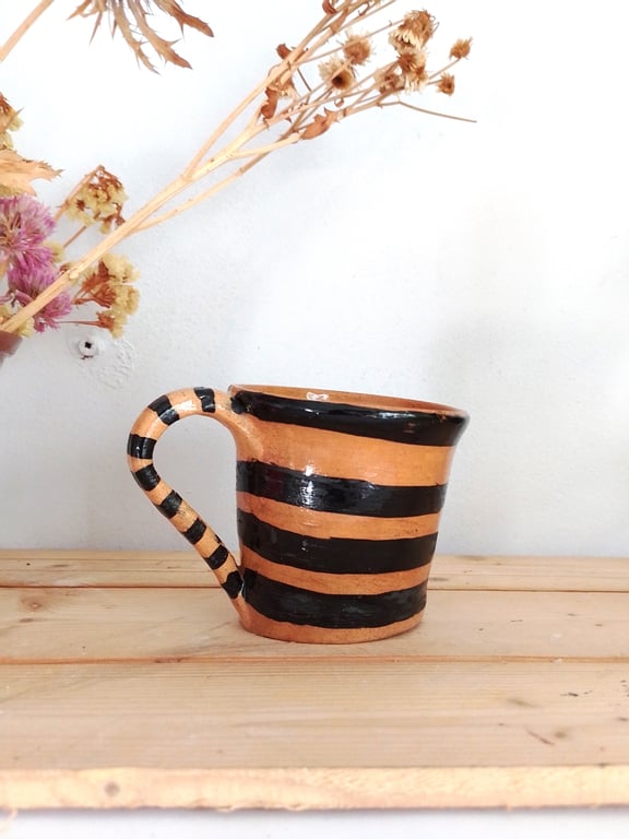 Ceramic hand made wonky quirky novelty stripey mug, whimsical curiosity mug