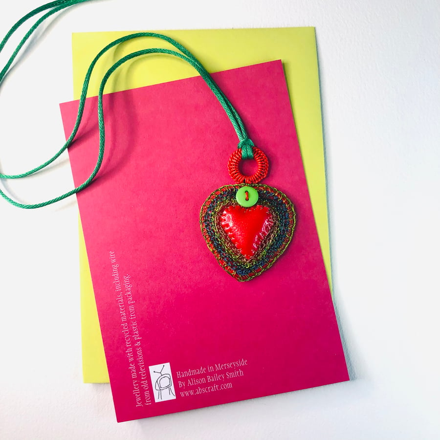 Medium red rubber and wire heart pendant from recycled materials