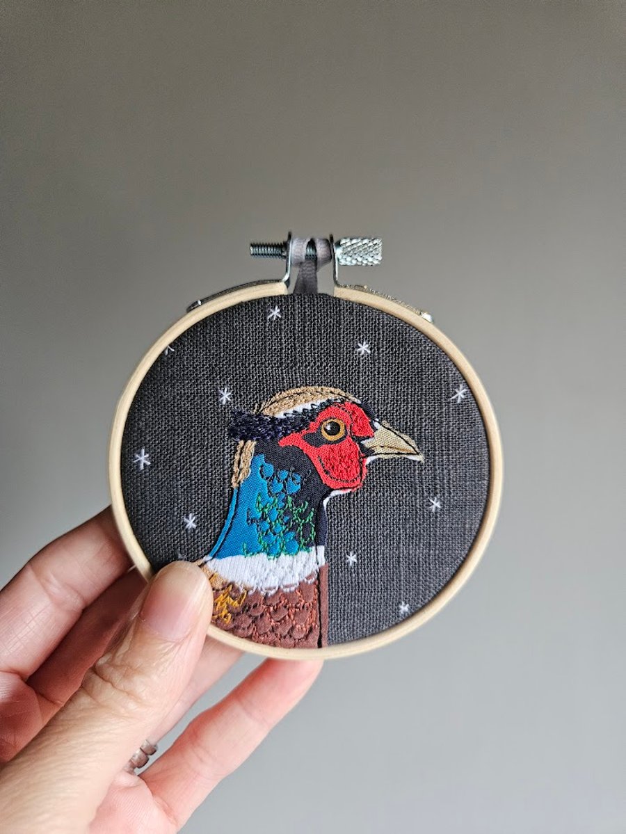 Handmade fabric Pheasant mini hoop hanging decoration, grey, Christmas