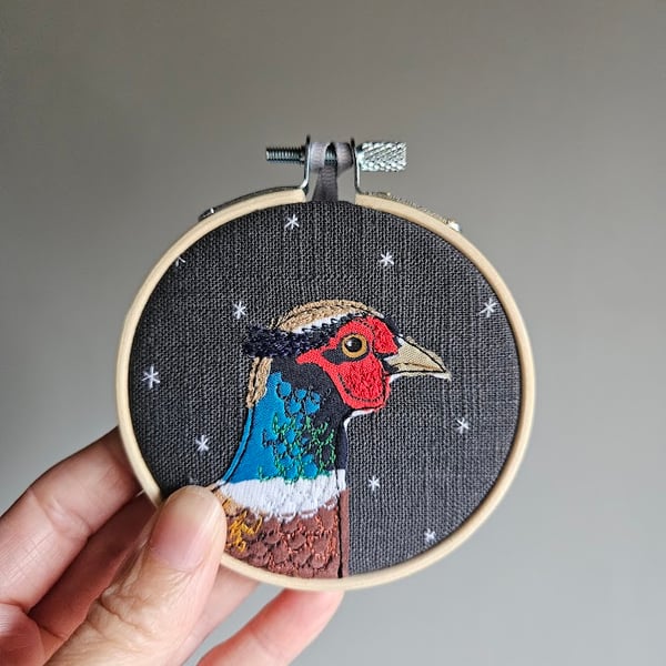 Handmade fabric Pheasant mini hoop hanging decoration, grey, Christmas