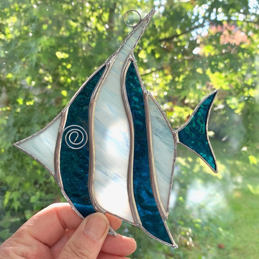 Stained Glass Angel Fish Suncatcher - Handmade Decoration - White and Turquoise