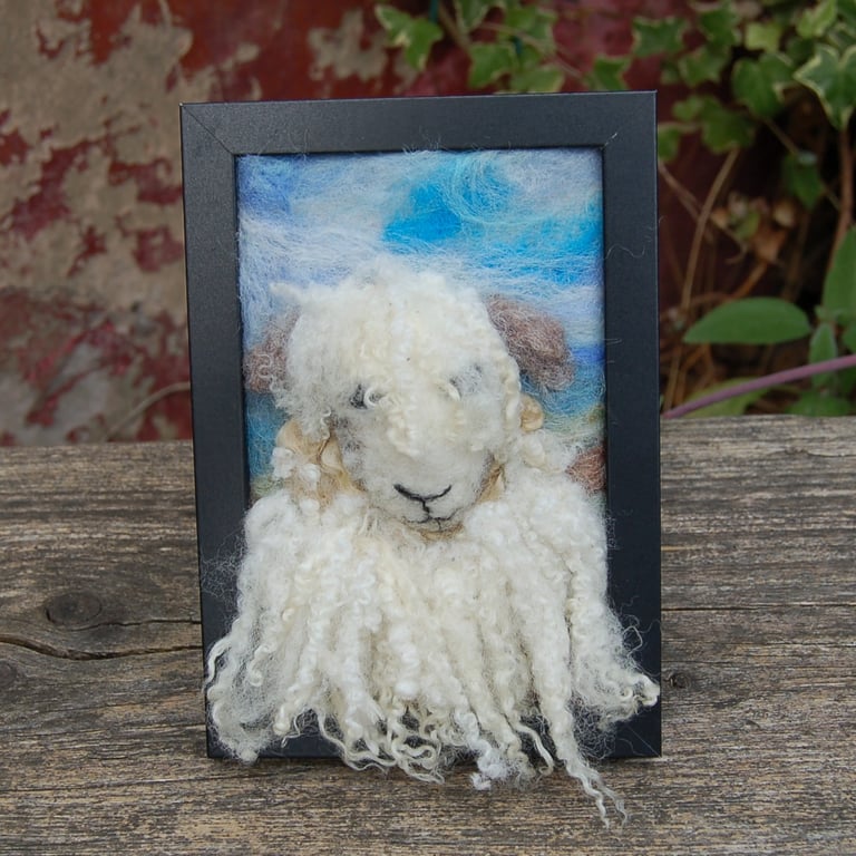 Textile art picture -  Lone Sheep 17 x 12 cm   Needle felt