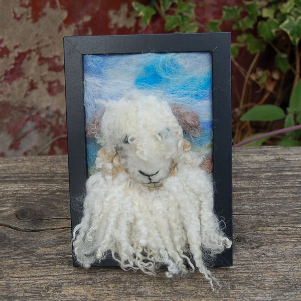 Textile art picture -  Lone Sheep 17 x 12 cm   Needle felt
