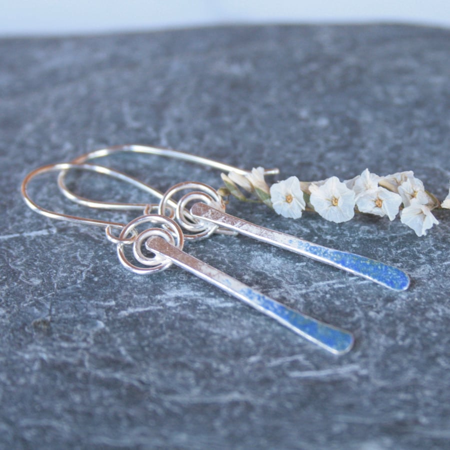 Sterling silver and blue enamel dangle earrings