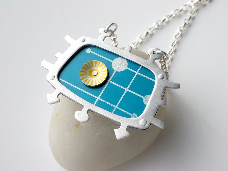 Rectangle mid century necklace in teal and yellow