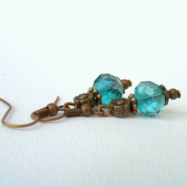 Green crystal bronze earrings, vintage inspired earrings