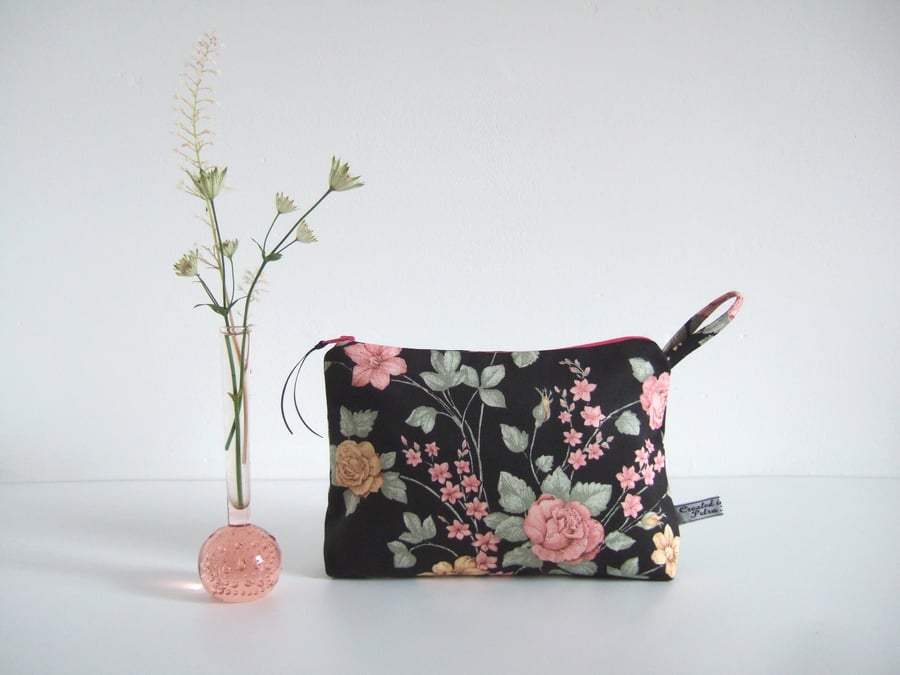 Vintage fabric pink roses. Toiletries bag, make up bag, or clutch bag.
