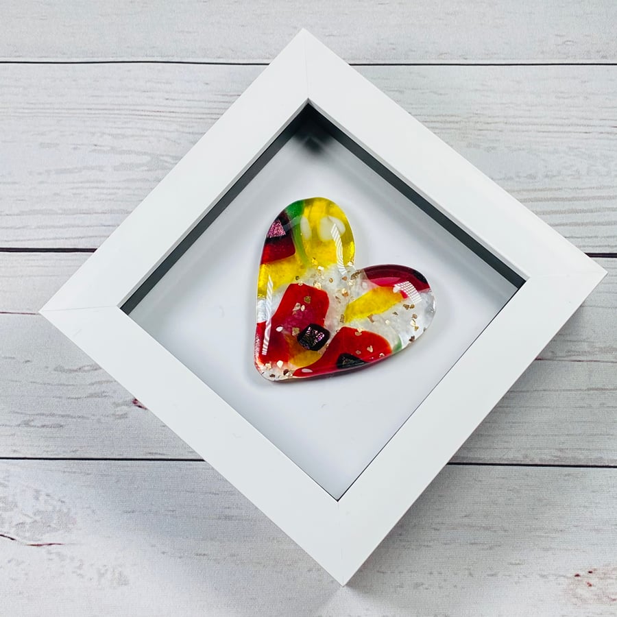 Stunning Fused glass  heart in a white box frame - glass art
