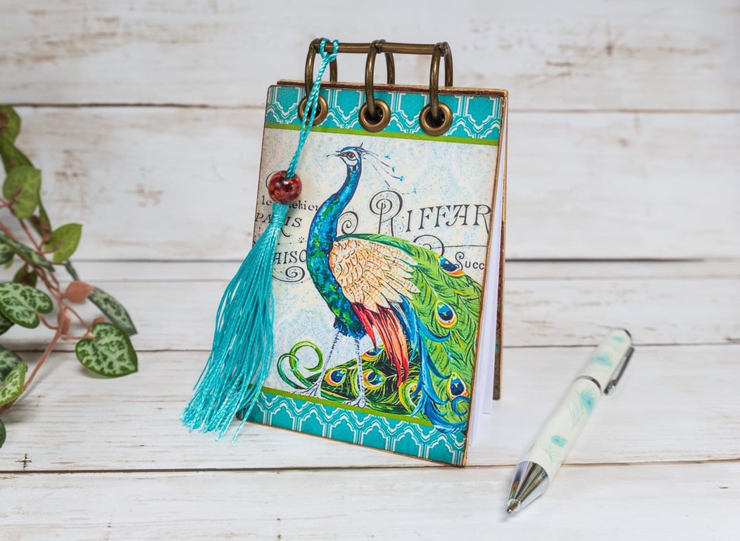 Peacocks Refillable Pocket Notepad with Wooden Covers