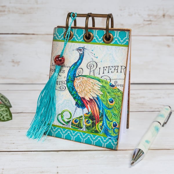 Peacocks Refillable Pocket Notepad with Wooden Covers