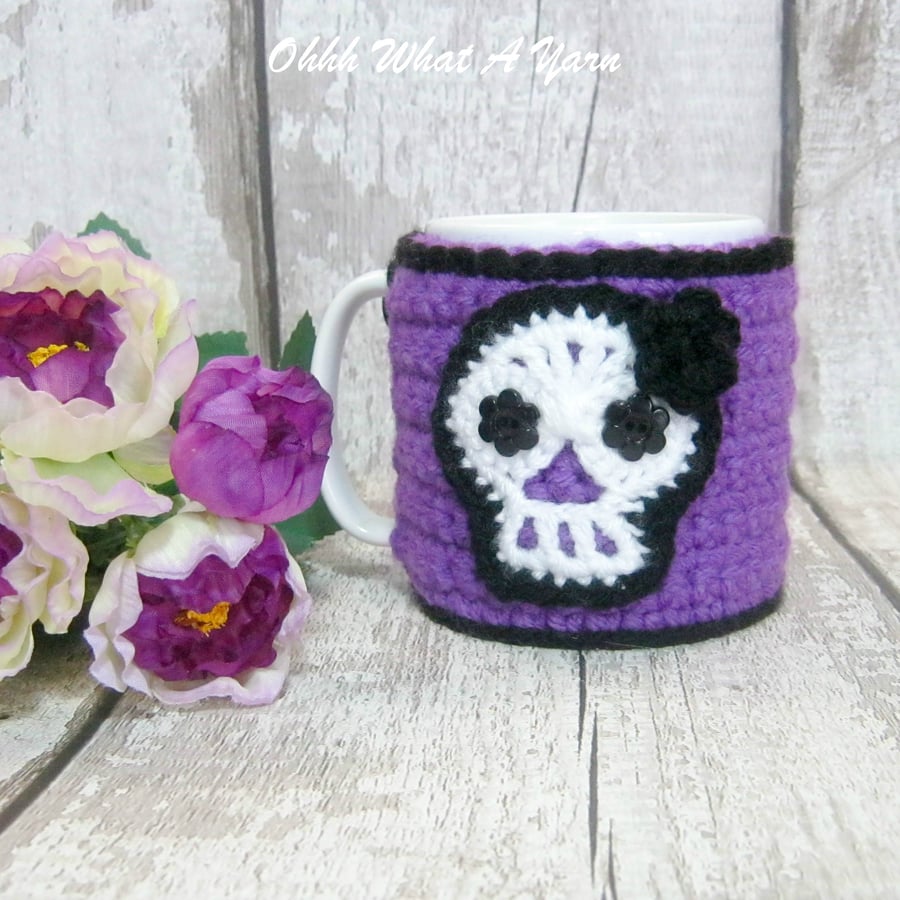 Seconds Sunday end of line. Crochet purple sugar skull mug hug, mug cosy,