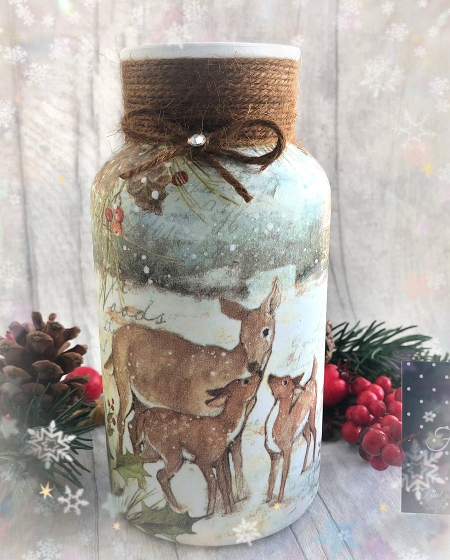 Deer family decoupaged glass Christmas vase