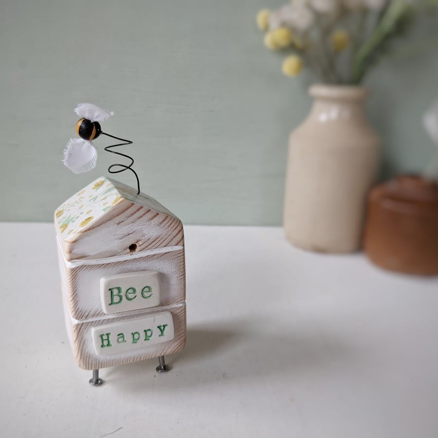 Wooden Beehive With Little Bee 'Bee Happy'